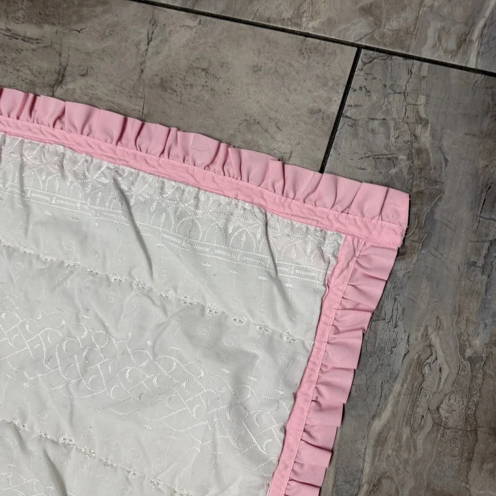 Vintage Pink Floral and White Eyelet Ruffle Trim Reversible Lap Blanket 32x32